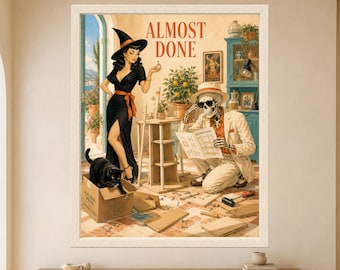 Grappige skelet muurdecoratie om zelf te maken, heksenprint met zwarte kat, retro Halloween decoratie (digitale download)