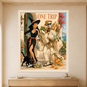 Framed One Trip wall art showing a skeleton overloaded with grocery bags, baguettes, bottles and produce beside a smiling retro witch while a black cat steals a fish on a sunny Mediterranean terrace.