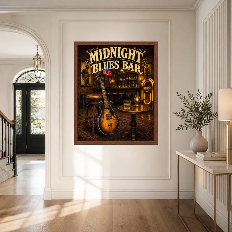 Puede incluir: Una impresi&oacute;n art&iacute;stica enmarcada titulada Midnight Blues Bar que muestra una guitarra el&eacute;ctrica de cuerpo hueco sunburst apoyada en un taburete, una mesa redonda peque&ntilde;a con un vaso de l&iacute;quido &aacute;mbar, una l&aacute;mpara y una gramola en un bar.