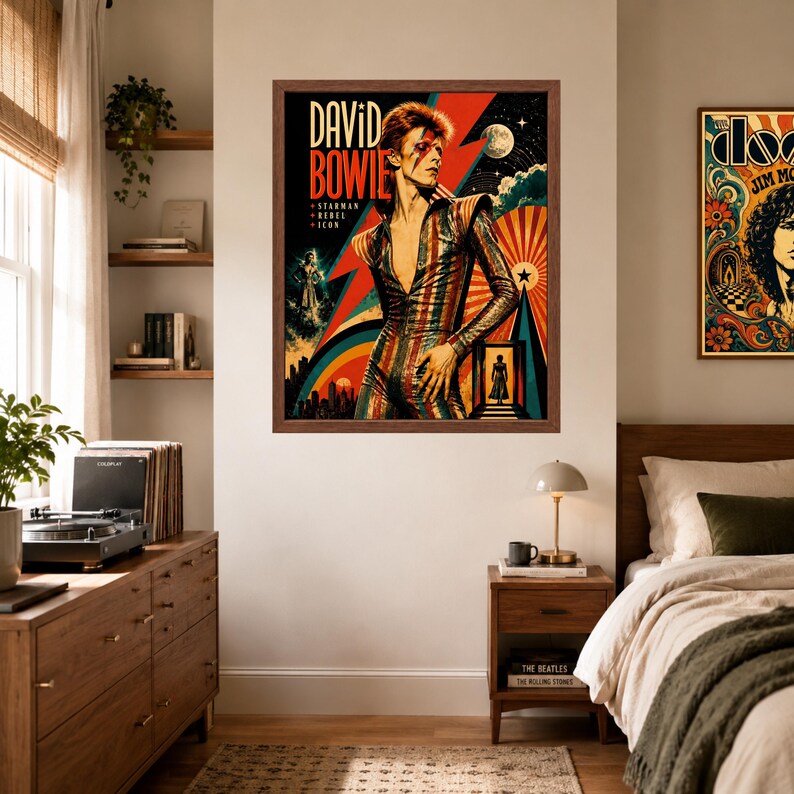 May include: A framed poster featuring a stylized illustration of David Bowie in a striped jumpsuit, with the text 'DAVID BOWIE', 'STARMAN', 'REBEL', and 'ICON' set against a vibrant background of a red lightning bolt, a moon, and a city skyline.