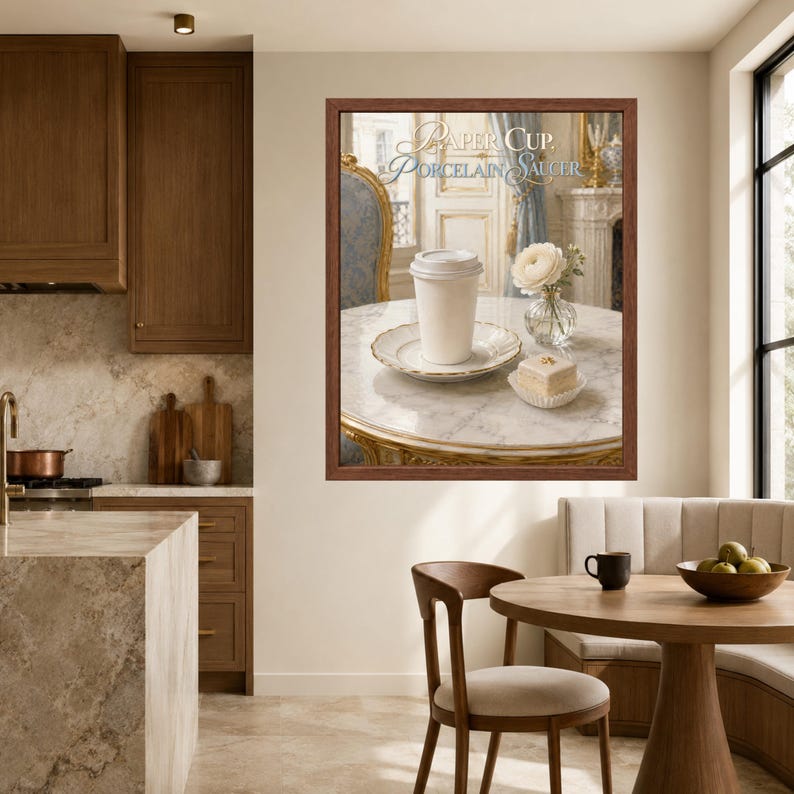 May include: A framed wall art print featuring a white paper cup on a porcelain saucer, a small glass vase with a white flower, and a square pastry on a marble table. The text "PAPER CUP. PORCELAIN SAUCER" is printed at the top of the image.