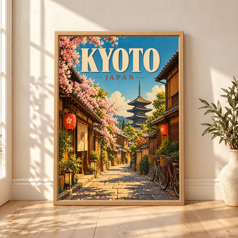 Framed Kyoto Japan travel poster showing a traditional stone street with a five-story pagoda, pink cherry blossoms, wooden houses, red lanterns and bicycles beneath a bright blue sky.
