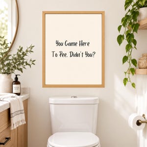 May include: A rectangular wall art piece in a light wood frame featuring a cream-colored background with black text that reads: You Came Here To Pee, Didn't You? The sign is displayed on a wall above a white toilet in a bathroom setting.