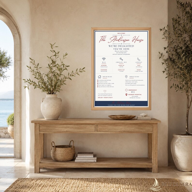 Puede incluir: Un letrero rectangular enmarcado titulado The Anderson House, con texto en azul oscuro y rojo sobre un fondo blanco. Proporciona informaci&oacute;n para hu&eacute;spedes, incluyendo Wi-Fi, horarios de entrada y salida, contactos y normas de la casa.