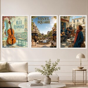 May include: A set of three framed wall art prints. The left print shows a cello and a chair with the text Blue Resonance. The center print depicts a city square with the text Vinyl Square. The right print shows musicians playing in a street scene.