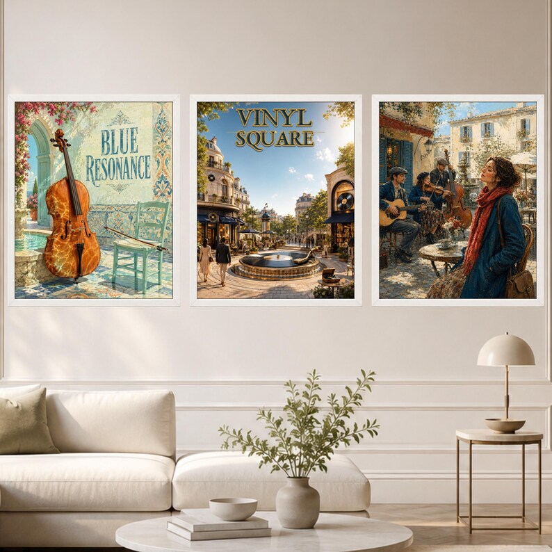 May include: A set of three framed wall art prints. The left print shows a cello and a chair with the text Blue Resonance. The center print depicts a city square with the text Vinyl Square. The right print shows musicians playing in a street scene.