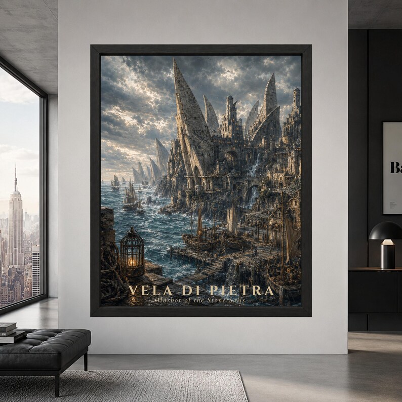 Framed Vela di Pietra fantasy harbor wall art showing a dark coastal city with towering stone sails, gothic architecture, wooden ships, stormy blue water and working docks beneath a dramatic cloudy sky.