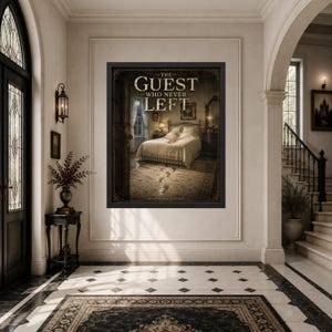 May include: A framed rectangular wall art print titled The Guest Who Never Left, featuring a dark, atmospheric bedroom scene with a made bed, a window, and visible footprints on the floor, all enclosed in a simple black frame on a wall.