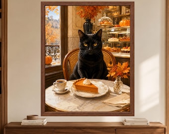 Black Cat Café Art, Pumpkin Pie, Autumn Leaves (Digital Download)