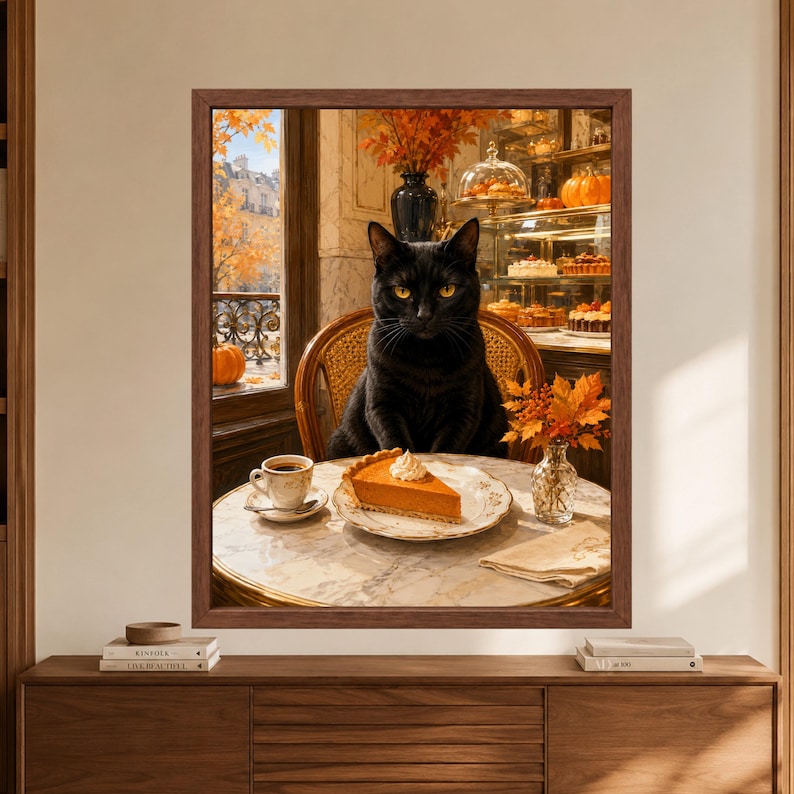 Framed black cat autumn wall art showing a black cat seated at a marble café table with pumpkin pie and coffee, surrounded by orange fall leaves, pumpkins and a warm pastry shop interior.