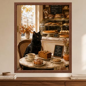 Pode incluir: Uma impress&atilde;o de arte emoldurada retratando um gato preto sentado a uma mesa de caf&eacute; de m&aacute;rmore com uma x&iacute;cara de caf&eacute;, uma fatia de bolo, um rolinho de canela e um biscoito. Ao fundo, uma vitrine de padaria exibe doces e um quadro-negro.