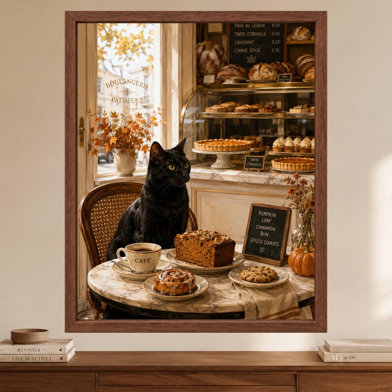 Pode incluir: Uma impress&atilde;o de arte emoldurada retratando um gato preto sentado a uma mesa de caf&eacute; de m&aacute;rmore com uma x&iacute;cara de caf&eacute;, uma fatia de bolo, um rolinho de canela e um biscoito. Ao fundo, uma vitrine de padaria exibe doces e um quadro-negro.