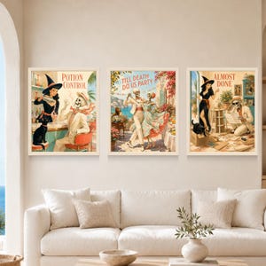 May include: Three framed wall art prints featuring vintage-style illustrations. The left print shows a witch and a skeleton with the text POTION CONTROL. The centre print depicts dancing skeletons with the text TILL DEATH DO US PARTY. The right print shows a witch and a skeleton with the text ALMOST DONE.