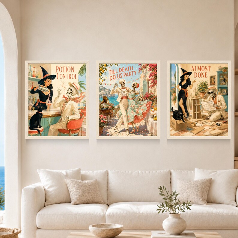 May include: Three framed wall art prints featuring vintage-style illustrations. The left print shows a witch and a skeleton with the text POTION CONTROL. The centre print depicts dancing skeletons with the text TILL DEATH DO US PARTY. The right print shows a witch and a skeleton with the text ALMOST DONE.
