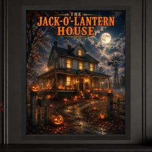 K&ouml;nnte beinhalten: Ein gerahmter Wandkunstdruck mit dem Titel THE JACK-O'-LANTERN HOUSE zeigt ein zweist&ouml;ckiges Haus bei Nacht, beleuchtet von leuchtenden orangefarbenen K&uuml;rbislaternen auf der Veranda und im Garten, mit Vollmond und einer Windm&uuml;hle.