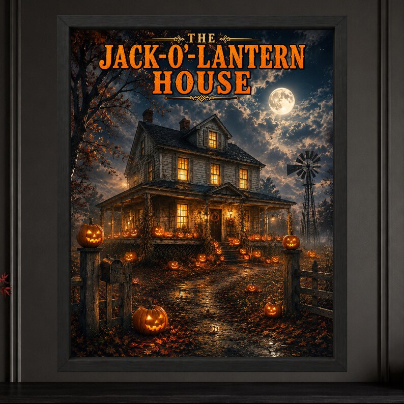 K&ouml;nnte beinhalten: Ein gerahmter Wandkunstdruck mit dem Titel THE JACK-O'-LANTERN HOUSE zeigt ein zweist&ouml;ckiges Haus bei Nacht, beleuchtet von leuchtenden orangefarbenen K&uuml;rbislaternen auf der Veranda und im Garten, mit Vollmond und einer Windm&uuml;hle.