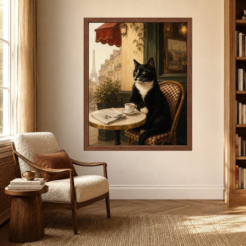 May include: A framed wall art print depicting a black and white tuxedo cat sitting on a woven chair at a small round cafe table. On the table sits a white coffee cup and a newspaper. The background shows a Parisian street scene with the Eiffel Tower.