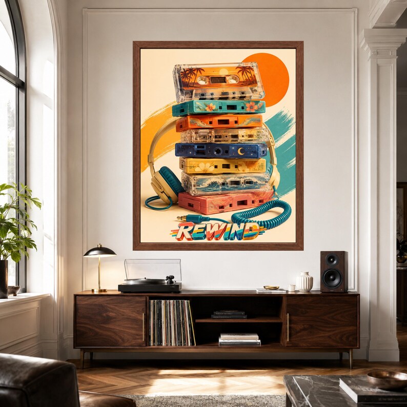 Puede incluir: Una impresi&oacute;n art&iacute;stica enmarcada que muestra una pila vertical de seis casetes de colores y unos auriculares. La obra incluye un sol naranja brillante, siluetas de palmeras, olas del mar y la palabra REWIND en una fuente retro multicolor.