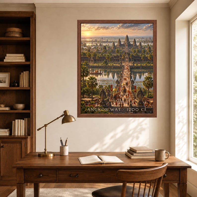 Angkor Wat 1200 CE Reconstructed Cityscape Print, Khmer Empire Art (Digital Download) image 6