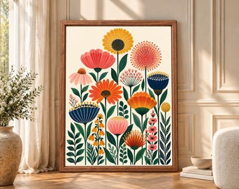 Colorful Floral Wall Art, Mid Century Botanical Print, Retro Folk Flower Poster, Digital Download