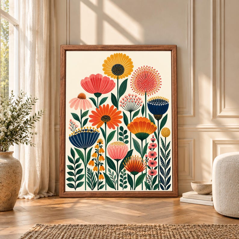 Framed colorful floral wall art featuring stylized orange, coral, pink, yellow and navy flowers with dark green stems and leaves on a warm cream background.