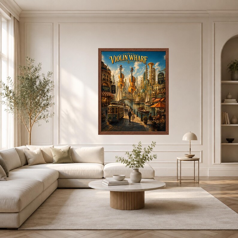 May include: A framed wall art print titled Violin Wharf, depicting a fantasy cityscape with large golden violin-shaped buildings, a canal with boats, a vintage streetcar, and people walking along a cobblestone path under a bright blue sky.