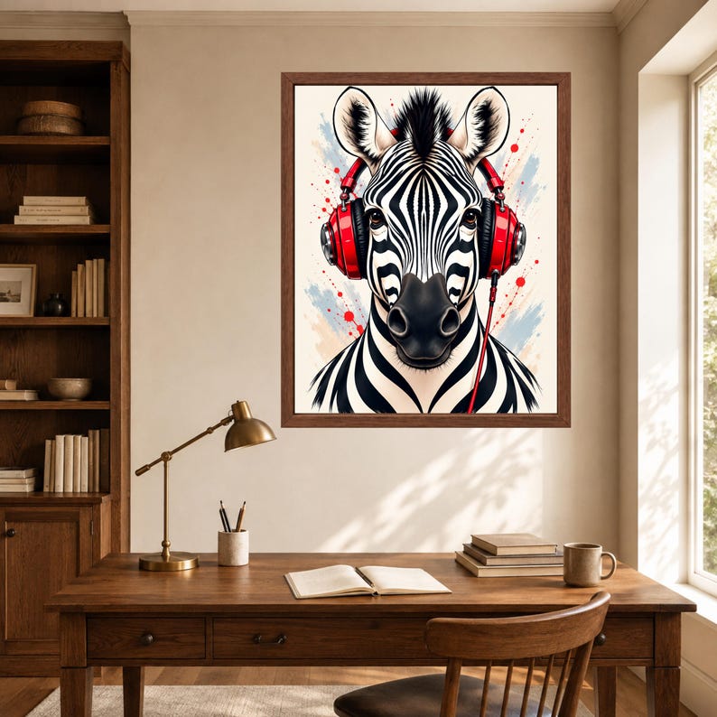 Zebra Headphones Wall Art, Funky Animal Music Print (Digital Download) image 6