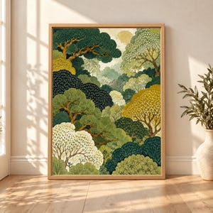 Framed forest wall art with layered green, olive, cream and gold trees forming a dense botanical landscape beneath a soft pale sun.