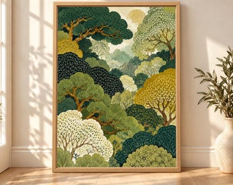 Layered Forest Wall Art, Green Botanical Print, Earthy Nature Landscape (Digital Download)