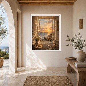 May include: A framed wall art print depicting an open window view of a sunset over the ocean with a sailboat on the horizon. The scene includes a sheer curtain, a small vase with flowers, a stack of books, and a wooden chair by the window sill.
