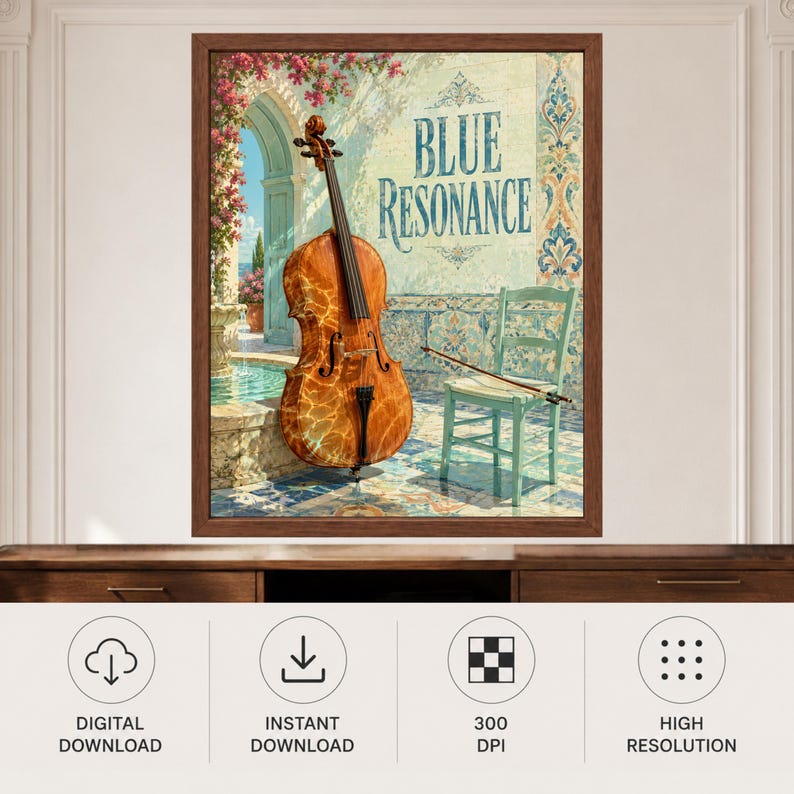 Puede incluir: Una impresi&oacute;n art&iacute;stica enmarcada titulada Blue Resonance que muestra un violonchelo de madera junto a una silla de madera azul claro con un arco sobre el asiento. La escena representa un patio de estilo mediterr&aacute;neo con fuente y arco floral.