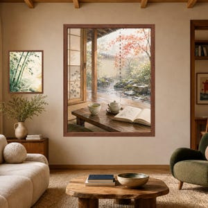May include: A large framed wall art print depicting a rainy Japanese garden scene with a wooden porch, a tea set, and an open book on a table. To the left, a smaller framed print shows green bamboo stalks. The art features warm brown wooden frames.