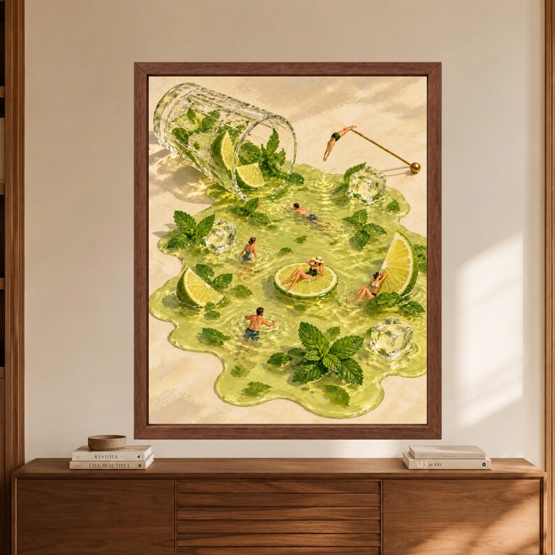 Stampa artistica surreale a tema mojito per piscina, cocktail lime e menta, decorazione per carrello bar (download digitale) immagine 8