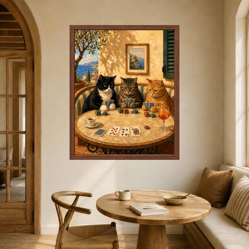 Muurdecoratie met katten die poker spelen, poster met mediterrane katten, decoratie voor de speelkamer, digitale download afbeelding 5