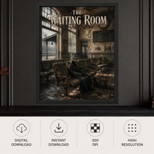 May include: A framed wall art print titled The Waiting Room, depicting a dark, weathered train station interior with rows of empty, distressed chairs and a mysterious cloaked figure sitting alone amidst debris and peeling walls under a clock.