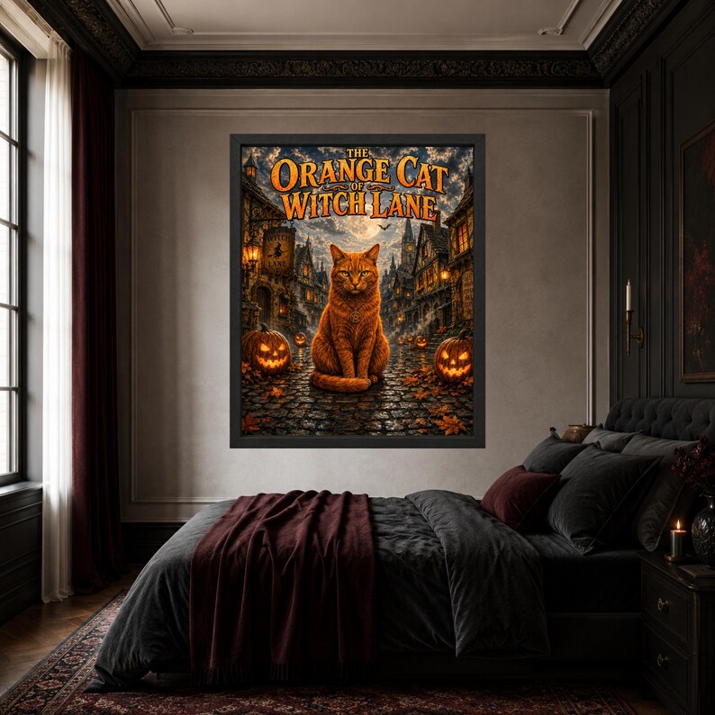 May include: A framed wall art print titled The Orange Cat of Witch Lane featuring a central orange cat sitting on a cobblestone street at night, surrounded by glowing jack-o'-lanterns, old buildings, and a full moon in the dark sky.