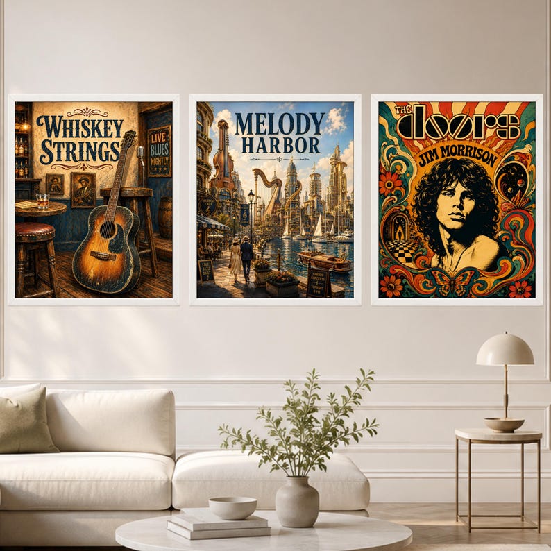 May include: Three rectangular wall art prints in white frames. The left print shows a guitar in a bar with the text Whiskey Strings. The center print depicts a city harbor with the text Melody Harbor. The right print features Jim Morrison with The Doors text.