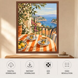 Mediterranean Coffee Print, Italian Coastal Cafe Art, Lemon Espresso Poster (Digital Download) image 10