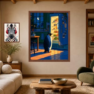 May include: Two framed wall art prints displayed on a beige wall. The left print features a zebra wearing red headphones. The larger right print depicts a penguin standing in a dark kitchen, illuminated by the light from an open refrigerator.