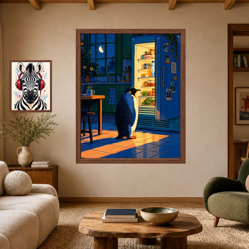 May include: Two framed wall art prints displayed on a beige wall. The left print features a zebra wearing red headphones. The larger right print depicts a penguin standing in a dark kitchen, illuminated by the light from an open refrigerator.