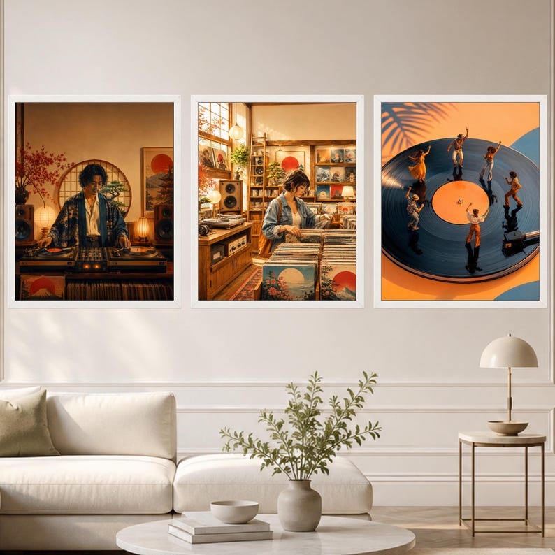 May include: A set of three framed wall art prints. The first shows a person DJing with turntables. The second depicts a person browsing vinyl records in a shop. The third features miniature figures dancing on a large black vinyl record disc.