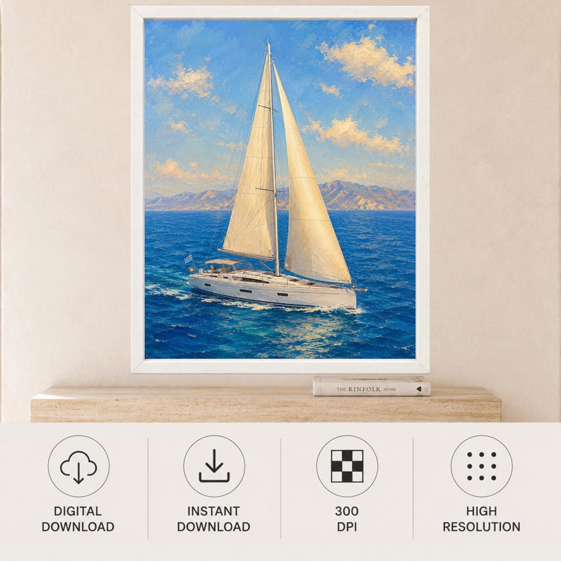 May include: A framed wall art print featuring an oil painting of a white sailboat with tall sails navigating deep blue ocean waters under a bright sky with scattered clouds and distant mountains visible on the horizon line in the background.