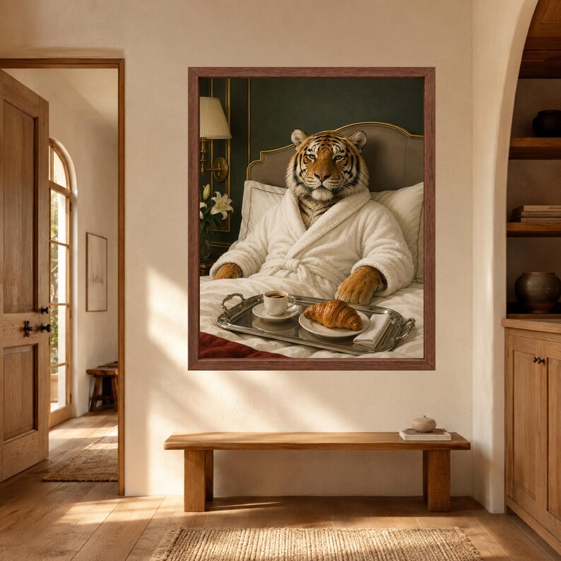 May include: A framed wall art print featuring a tiger wearing a white plush bathrobe, sitting upright in a bed with a silver tray holding a cup of coffee and a croissant. The tiger has orange and black fur and is positioned against a dark background.