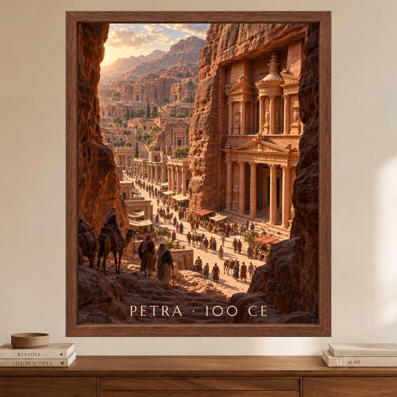 May include: A framed wall art print depicting the ancient city of Petra with sandstone cliffs, a carved temple facade, and people with camels on a path. The text PETRA 100 CE is printed at the bottom of the image within a dark brown wooden frame.