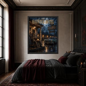 May include: A framed wall art print titled The Haunted Motel, depicting a skeleton sitting in a rocking chair on a porch holding a lantern, with a vintage car parked in front of a dark, rainy motel building under a full moon at night.