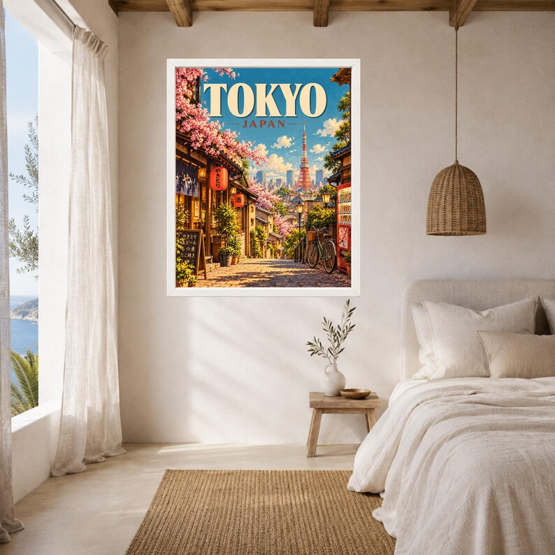 Tokyo Travel Poster, Cherry Blossom Street Scene, Japan City Art (Digital Download) image 5