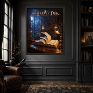 May include: A framed wall art print titled The Library at Dusk, depicting an open book on a wooden desk inside a dark library. The scene features tall bookshelves, a glowing desk lamp, and a large window showing a moonlit night sky.
