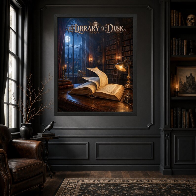 May include: A framed wall art print titled The Library at Dusk, depicting an open book on a wooden desk inside a dark library. The scene features tall bookshelves, a glowing desk lamp, and a large window showing a moonlit night sky.