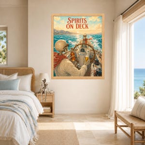 May include: A framed wall art print titled Spirits on Deck featuring two skeletons on a boat at sea. One skeleton holds a bottle and glass while the other steers the ship. The scene includes blue ocean waves, a sunset sky, and a wooden frame.