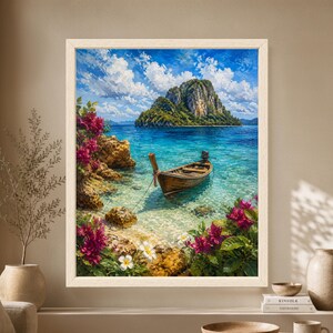 Framed Thailand tropical wall art showing a traditional wooden longtail boat floating in clear turquoise water beside limestone cliffs, tropical flowers and a lush island.